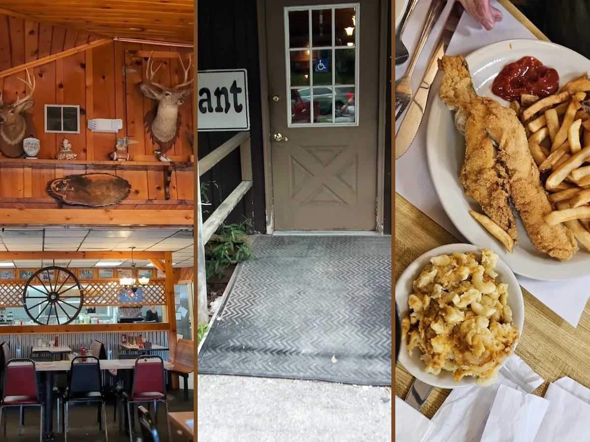 Cozy diner booths with warm wood accents.